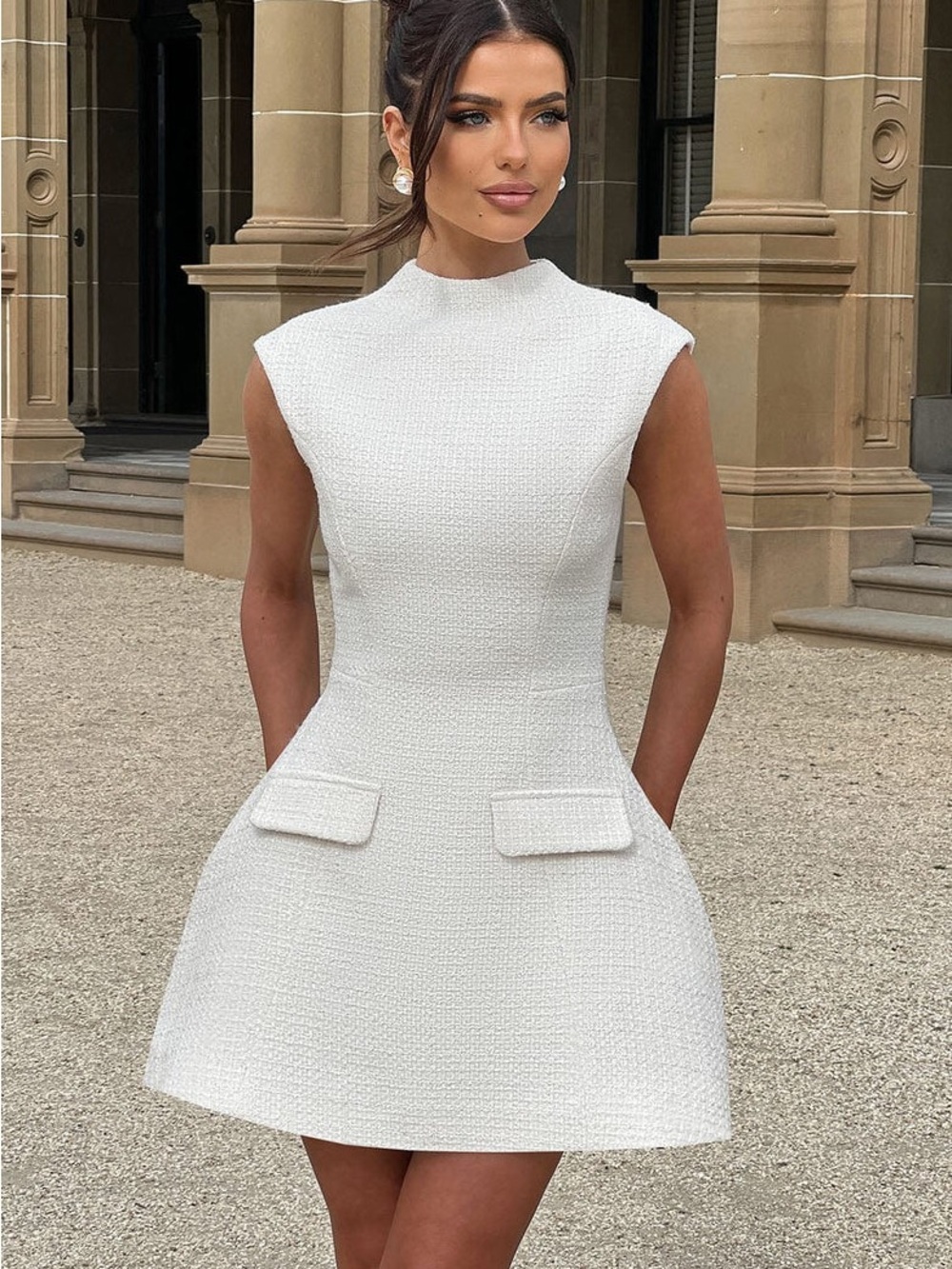 Elegant White Textured Mini Dress with Pocket Flaps - Picture 1 of 2